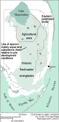 map of south Florida showing subsidence values
