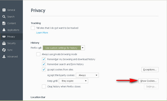 Descripcin: Privacy - show cookies - firefox 38