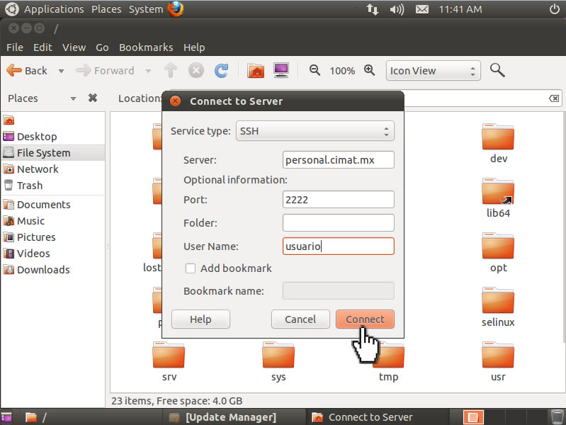 Usuario Linux: Las distribuciones de Linux ya vienen con un manejadores SSH nativos, es decir, 
			no es necesario instalar otros programas a menos que sea necesario. En el ejemplo siguiente, se muestra cómo a través del manejador de archivos de Ubuntu, 
			en el menú de Archivo (File) en la opción Connect to Server encontraremos las opciones para conectarnos al nuevo servidor SSH llenando los campos necesarios.